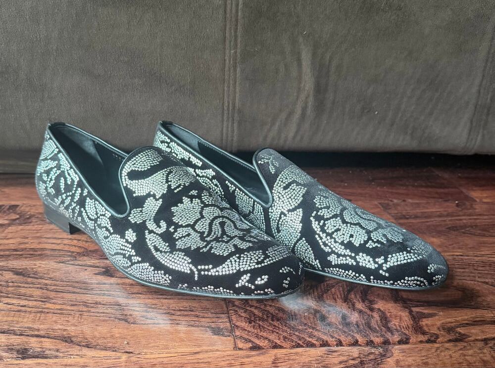 $1,495 NEW Versace Crystal Baroque Black Velvet Smoking Loafers Shoes 43(10)